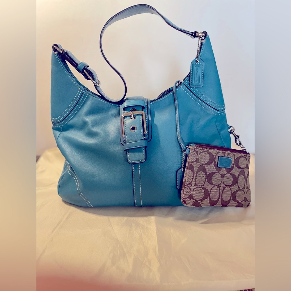 Original vintage Coach Hobo Hamptons Teal Leather Shoulder Bag F11197 + Wristlet
